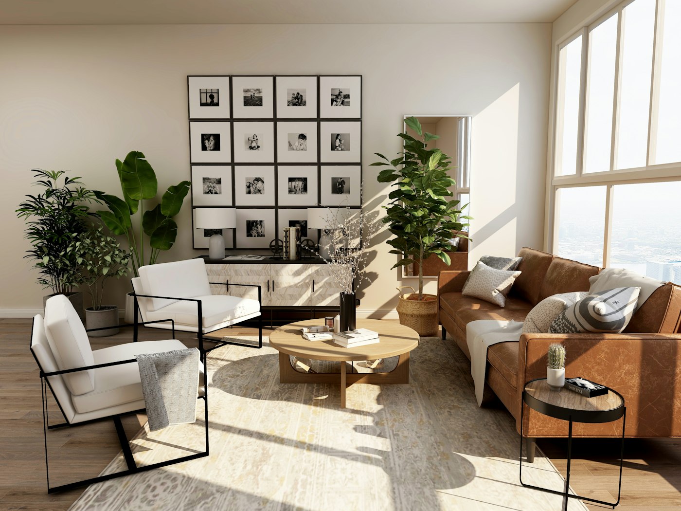 A calm sitting room with a leather sofa, armchairs and afternoon light