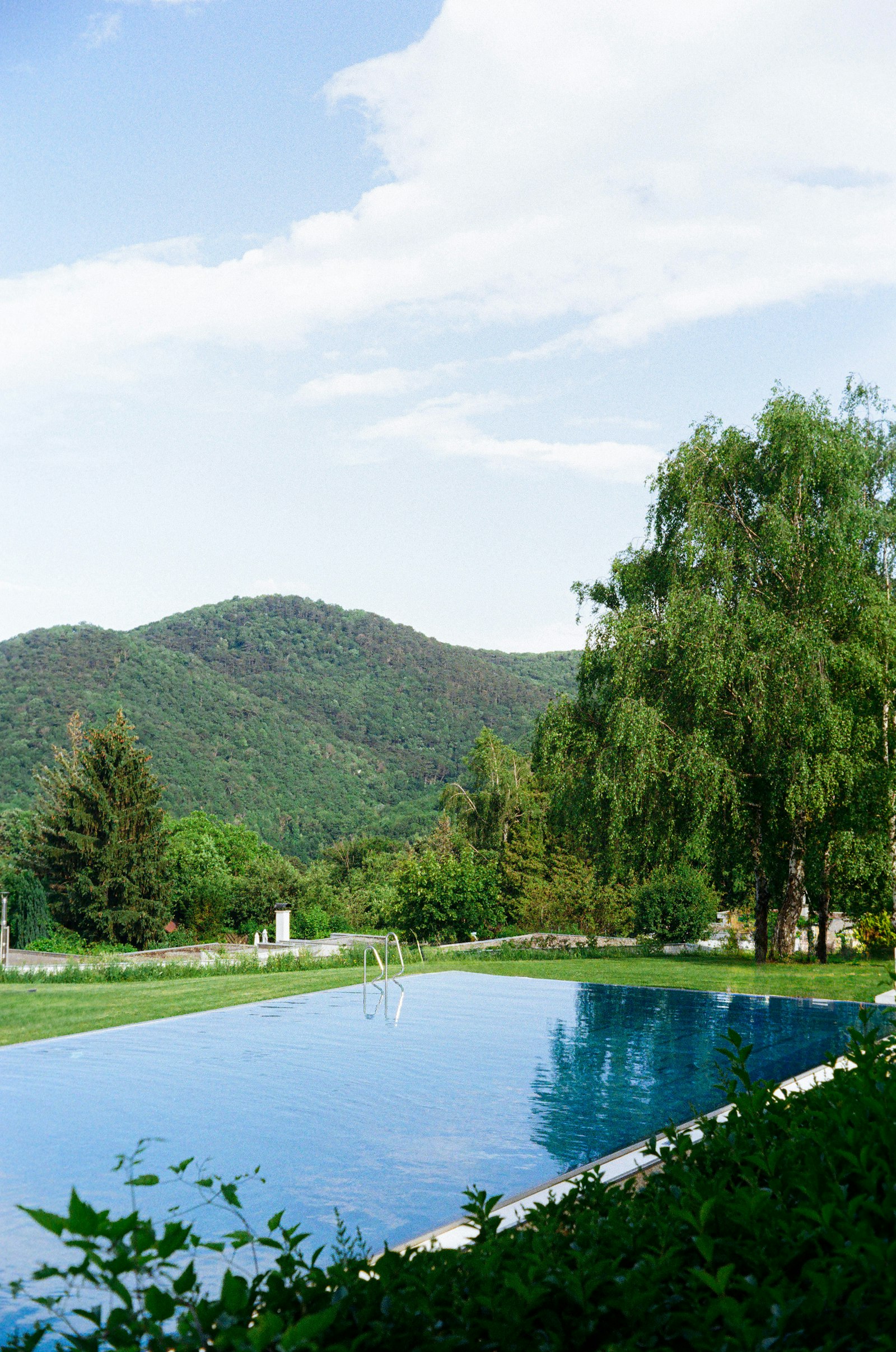 Outdoor swimming pool beside a lawn, with trees beyond